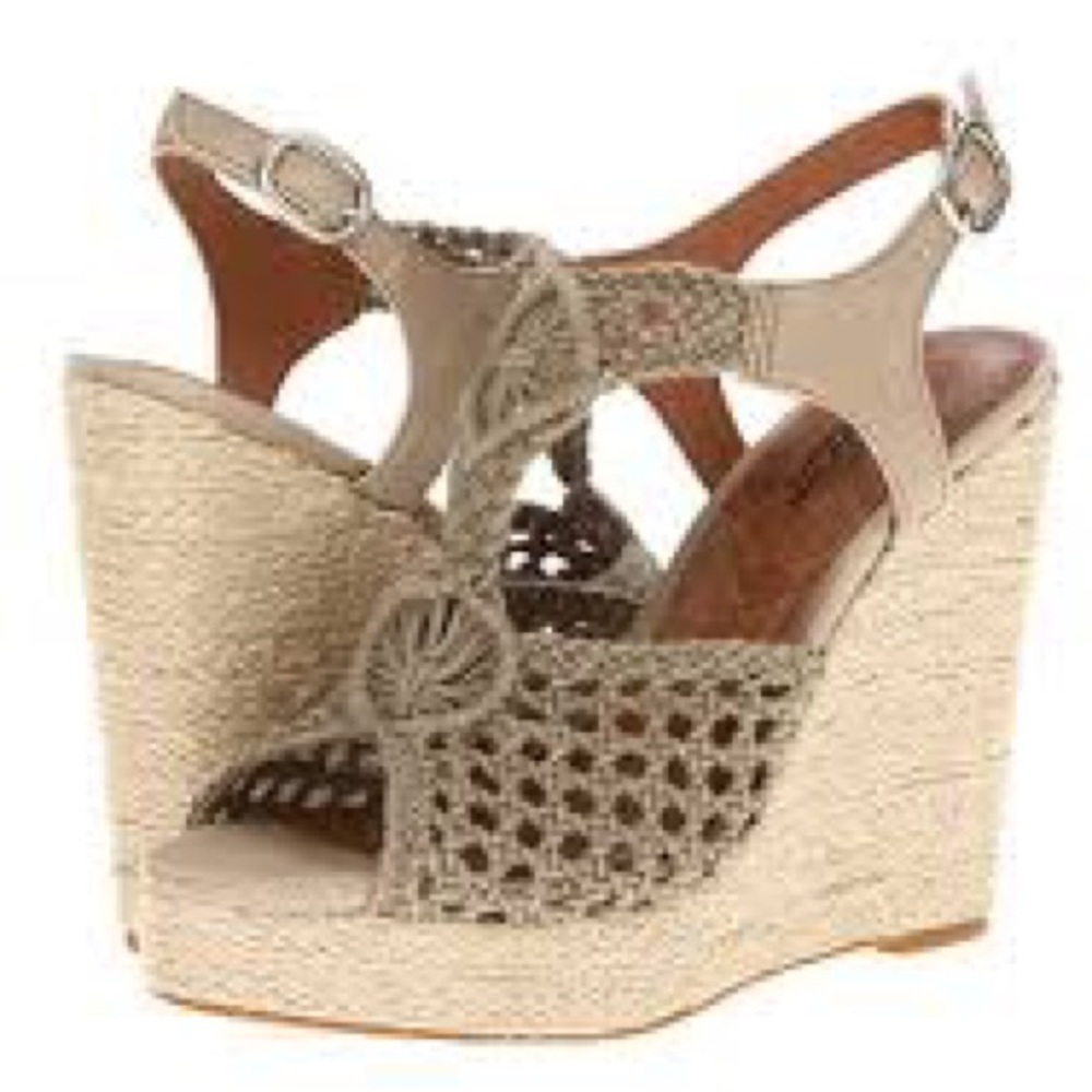Lucky Brand Women's Crochet Woven Rilo Fabric Jute Tan Wedge Sandals Size 9